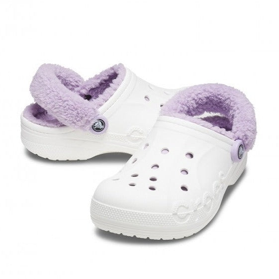 Crocs Baya Lined Fuzzy-Strap Clog - White/ Lavender