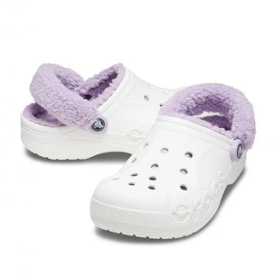 Crocs Baya Lined Fuzzy-Strap Clog - White/ Lavender