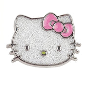 Hello Kitty face pin with glittery finish and pink bow on a white background