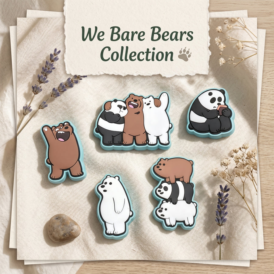 Cartoon bear character magnets on a textured surface with 'We Bare Bears Collection' text.