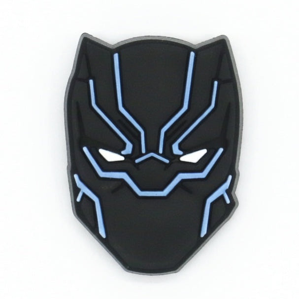 Black Panther mask with blue accents on a white background