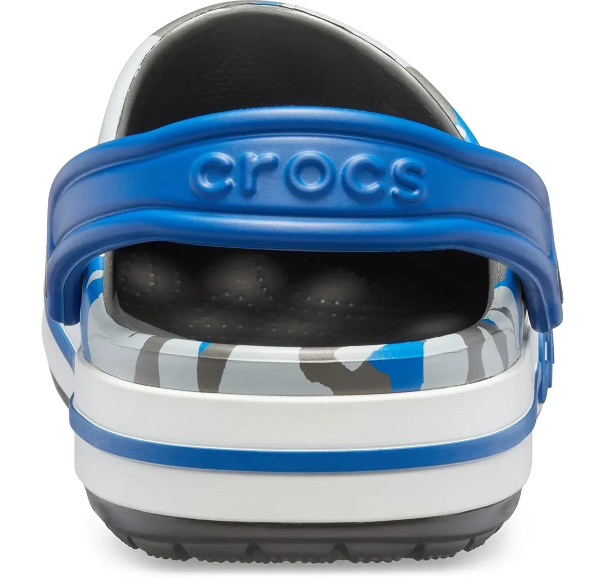 Back view of a blue camo slip-on clog shoe with adjustable strap and textured sole