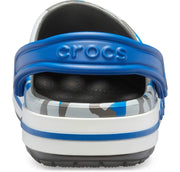 Back view of a blue camo slip-on clog shoe with adjustable strap and textured sole