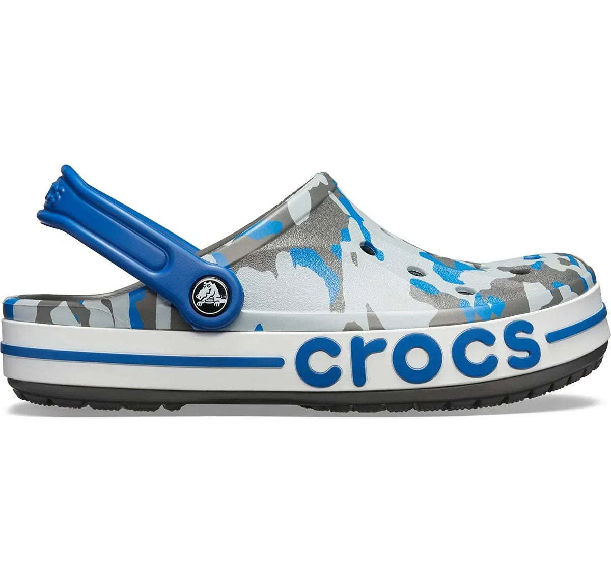 Blue and grey camo clog with blue strap and crocs logo on white platform sole