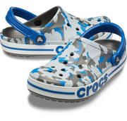 Blue, gray, and white camouflage slip-on clogs with ventilation holes and adjustable heel straps