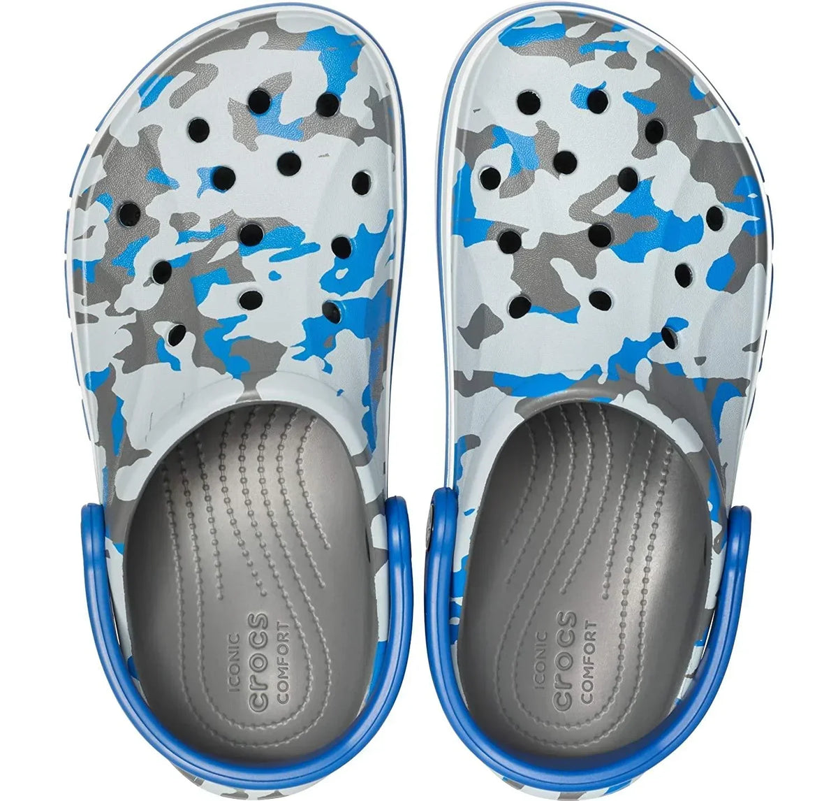 Blue and gray camouflage clogs with ventilation holes and adjustable heel straps
