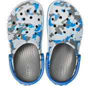 Blue and gray camouflage clogs with ventilation holes and adjustable heel straps