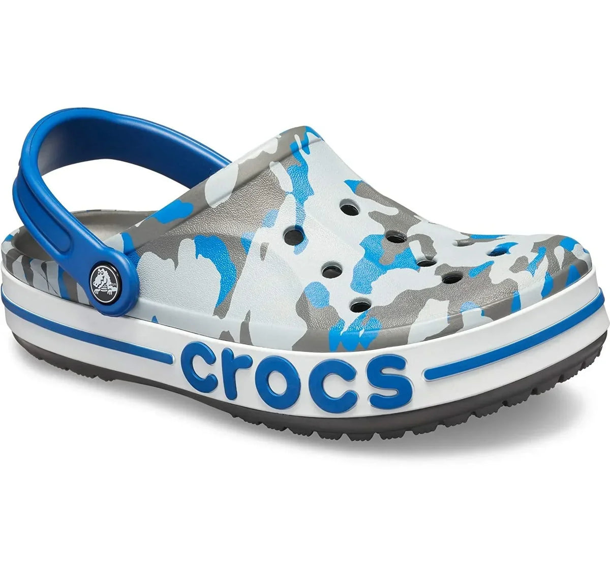 Blue and gray camo clog sandal with ventilation holes and bold logo on white sole
