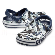 Blue camo slip-on clogs with ventilation holes and navy heel straps, casual footwear