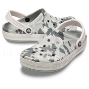 Light grey camouflage slip-on clogs with ventilation holes and adjustable heel straps