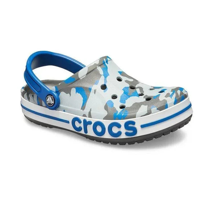 Blue and grey camouflage Crocs clog with ventilation holes and branded strap.